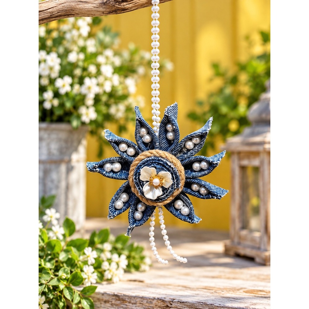 Handmade Denim Flower Hanging Decoration Faux Pearl Jute Boho Farmhouse Decor